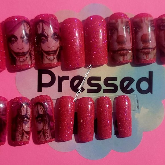 Shimmer Dark Pink Scary Clown Lady Square Press on Nails Halloween - Picture 3 of 3